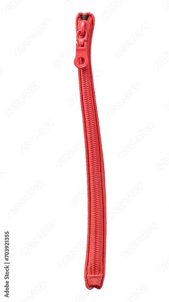 red zipper isolated on white background, closed zipper with runner for clothing and fabric bags