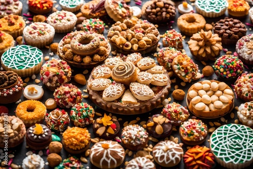 A close-up of traditional Eid sweets and treats arranged in a decorative pattern, exuding the festive spirit and warmth of the holiday season.
