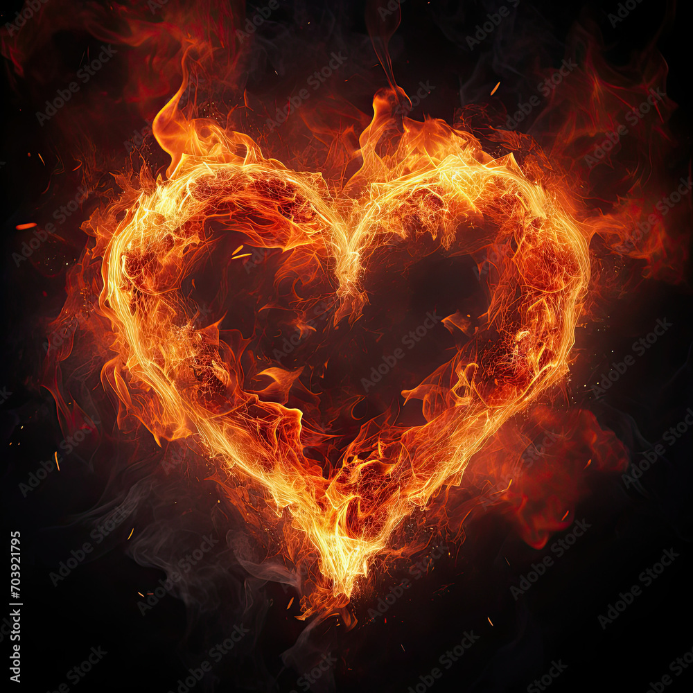 Heart Shaped Fire on Black Background, Love Ignites in the Darkness