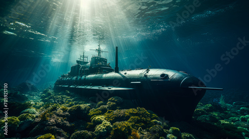 Sunken submarine at the bottom of the ocean. Destroyed submarine under water.