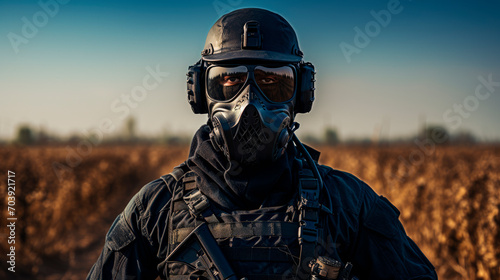 Soldier wearing a gas mask on his face. Concept of nuclear war, apocalypse, pollution and disaster.