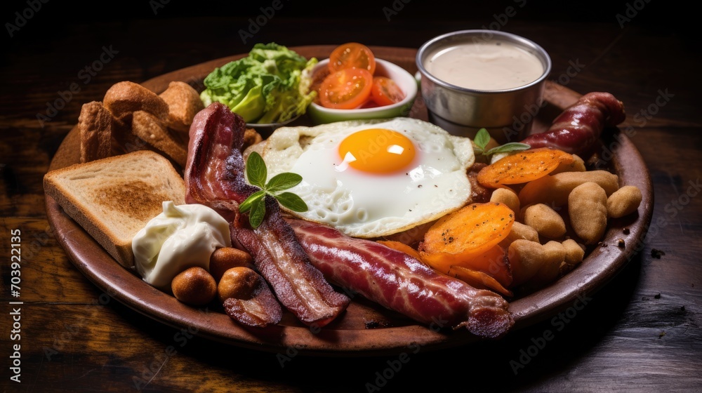 Traditional Irish breakfast on large plate on wooden table. Eggs, bacon, toast
