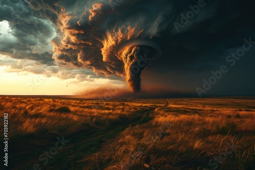 Dramatic tornado forms over rural landscape #703922182