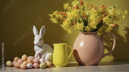 easter eggs, flowers and rabbit, yellow background