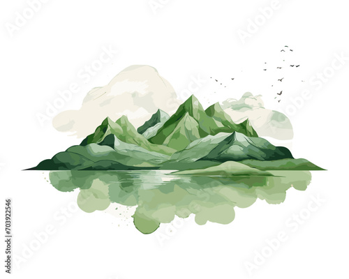 Mountain background vector. Minimal landscape art with watercolor brush and green art texture