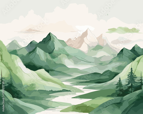 Mountain background vector. Minimal landscape art with watercolor brush and green art texture