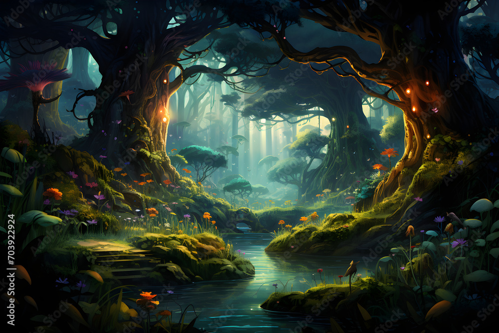 Obraz premium Mysterious, gloomy, mossy dark forest