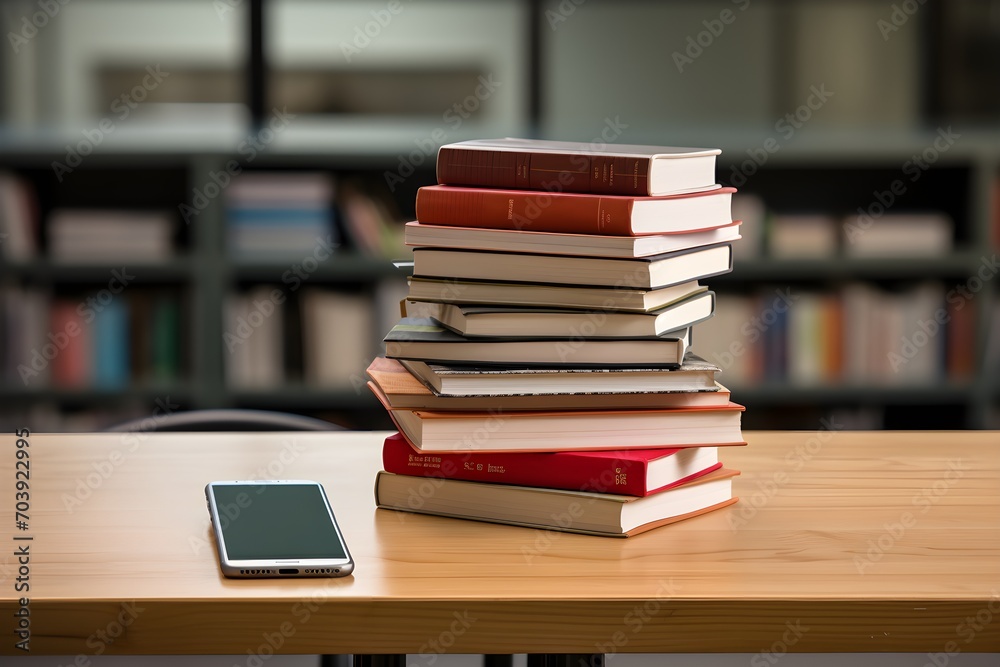 Books and cell phones piled high on a wooden desk in the library Books and cell phones piled high on a wooden desk in the library