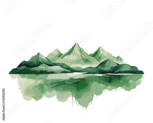 Mountain background vector. Minimal landscape art with watercolor brush and green art texture
