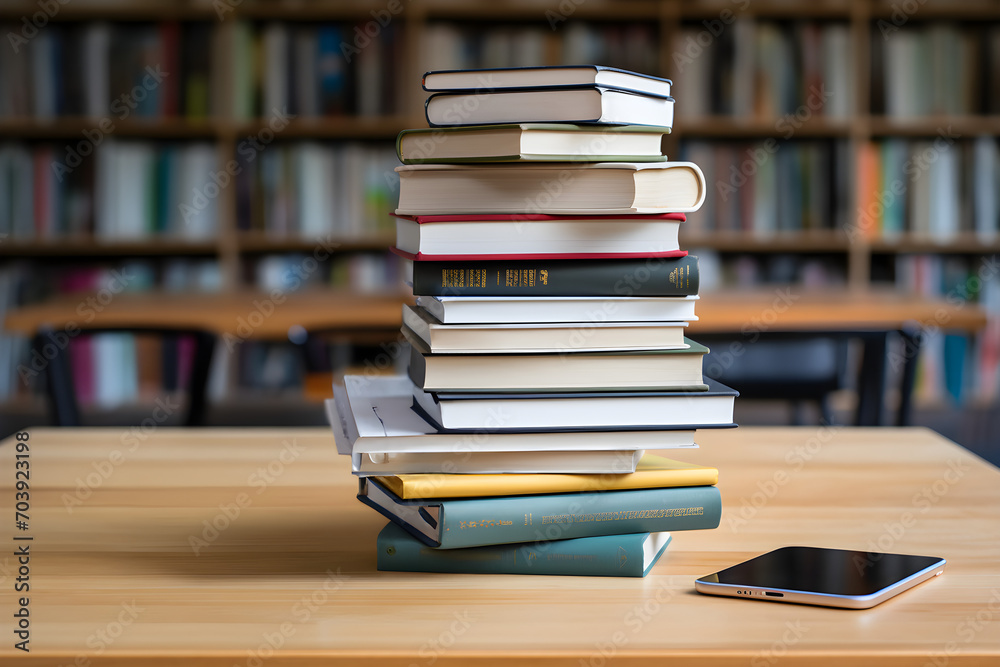 Books and cell phones piled high on a wooden desk in the library Books and cell phones piled high on a wooden desk in the library