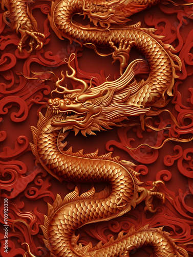 3D sculpture image of a Chinese dragon on the wall. Dragon is one of the Chinese zodiac.