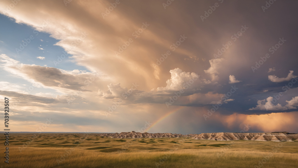 Clouds over grassland in Badlands National Park, South Dakota, USA. Rainbow over the fields with a dramatic cloudy sky. Copy Space, Background, Desktop Wallpaper, Banner.