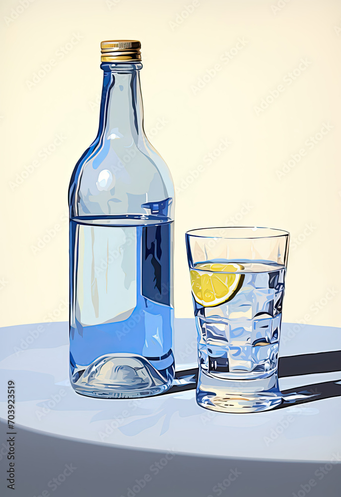 Still Life Painting of Bottle and Glass on Table Still Life Painting of Bottle and Glass on Table