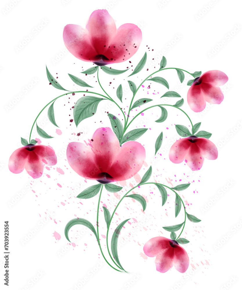Watercolor painting of leaves and flower vector illustration.