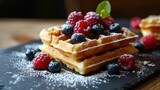 Heavenly Delights, A Towering Symphony of Golden Waffles, Glistening Berries, and Snowy Powdered Sugar