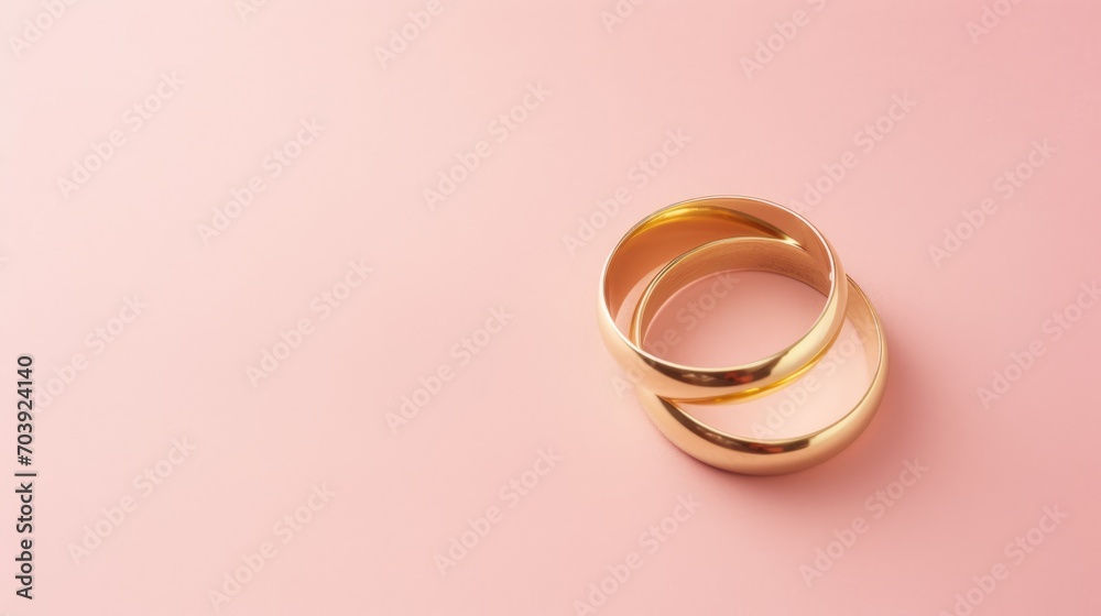 Pink pastel background with copy space and wedding golden rings - obrazy, fototapety, plakaty 