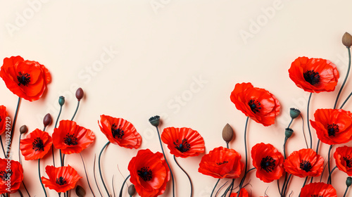 Flowers composition. Border made of beautiful red poppies.