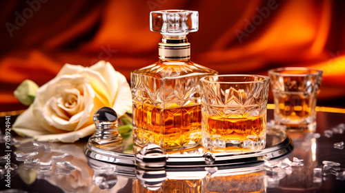 Small luxury liquor bottle on a table with rose flowers. Alcoholic beverage ready to drink.
