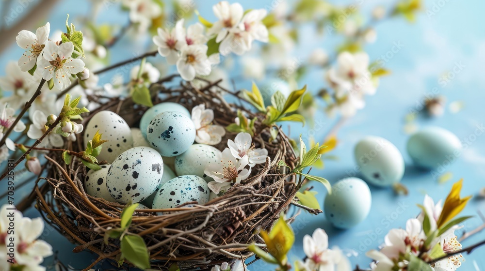 Natures Symphony, A Majestic Birds Nest Overflowing With Colorful Eggs and Vibrant Blooms Natures Symphony, A Majestic Birds Nest Overflowing With Colorful Eggs and Vibrant Blooms