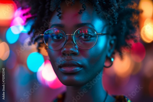 Stylish Woman with Glasses in Neon Glow. A fashionable woman with stylish glasses and natural hair in the neon glow of city lights.