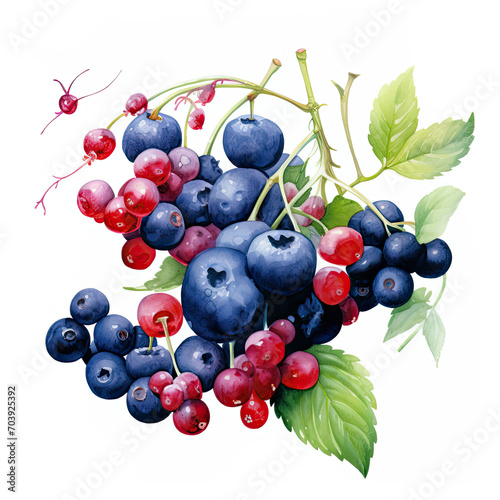 Painting of Berries and Leaves on White Background