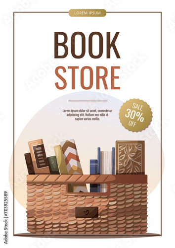 Flyer design with basket with book. Bookstore, bookshop, book lover, reading, interior concept. Vector illustration for promo, banner, poster.