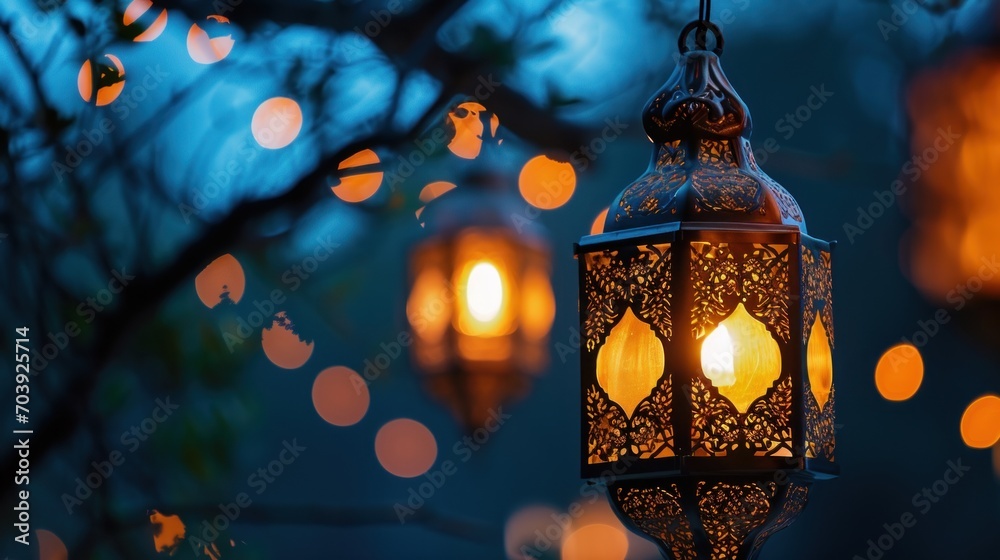 Enchanting Illumination, A Luminous Lantern Sways Amidst the Gleaming Boughs of a Tree Illuminated With Twinkling Lights