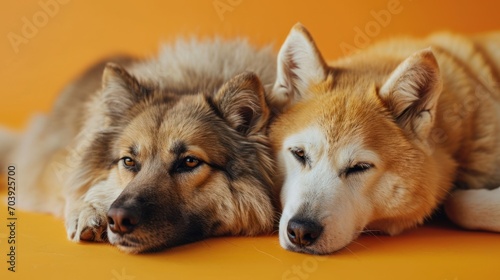 Golden Companions, A Tale of Two Dogs Tucked Together on a Sunlit Canine Oasis