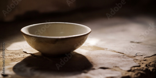 An empty bowl on a table. Poverty and hunger concept. Food insecurity due to climate change. Hunger challenge.