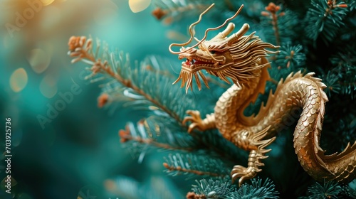 Guardian of the Evergreen, Majestic Golden Dragon Perched Atop the Mighty Pine Tree