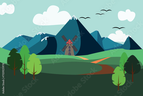 Vector landscape. A mountain range covered with snow and a forest at the foot of the mountains.