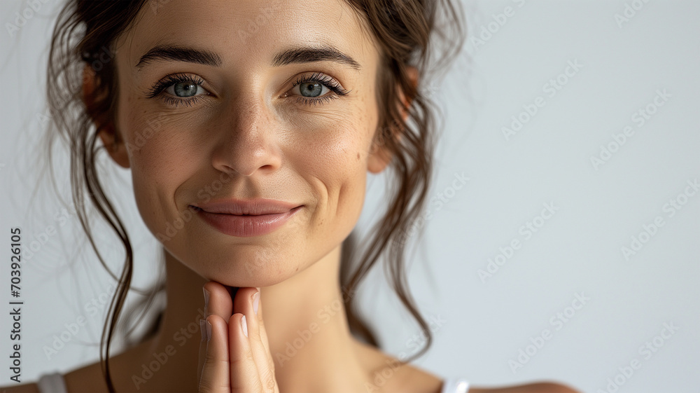 Portrait of smiling woman face with hands clasped in prayer looking on. Mockup for yoga center; healthy and mindful spiritual lifestyle. Horizontal poster, blank space for a spa advertising. Namaste - obrazy, fototapety, plakaty 
