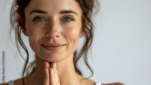 Portrait of smiling woman face with hands clasped in prayer looking on. Mockup for yoga center; healthy and mindful spiritual lifestyle. Horizontal poster, blank space for a spa advertising. Namaste photo