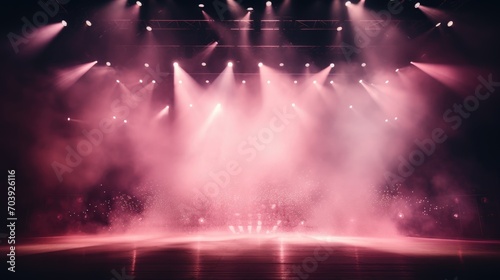 Empty stage. Pink spotlights through smoke and sparkles. Stage for performance © brillianata
