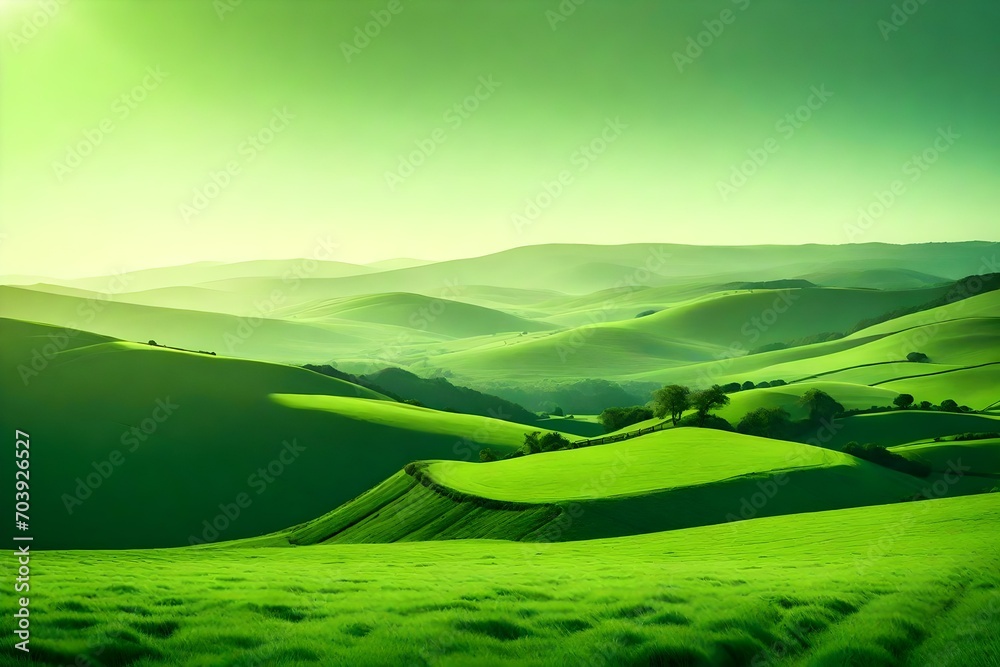A serene countryside landscape with gradient hues of green in the rolling hills.