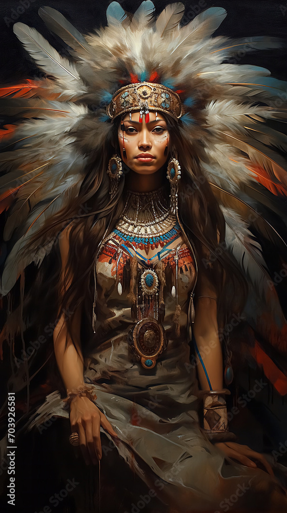 A woman dressed as an indigenous people of America - Indians. The woman has feathers on her head.