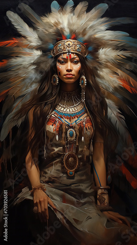 A woman dressed as an indigenous people of America - Indians. The woman has feathers on her head.