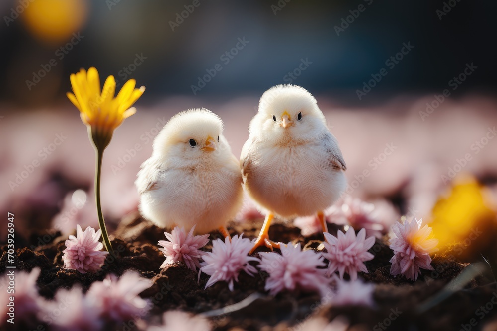 Two chickens in a field against a background of meadow spring flowers. Easter card, holiday calendar