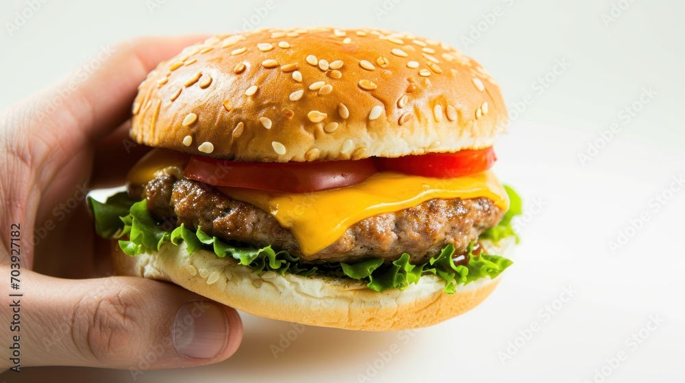 Gourmet Gastronomy, A Handcrafted Masterpiece of Delectable Delight, a Hand Holding a Flavorful Cheeseburger With Fresh Lettuce and Juicy Tomato. Gourmet Gastronomy, A Handcrafted Masterpiece of Delectable Delight, a Hand Holding a Flavorful Cheeseburger With Fresh Lettuce and Juicy Tomato.