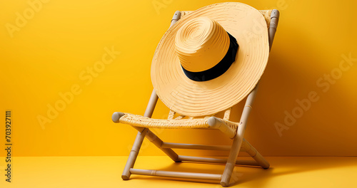 Empty deck cheir and straw hat on yellow background. Summer style design photo