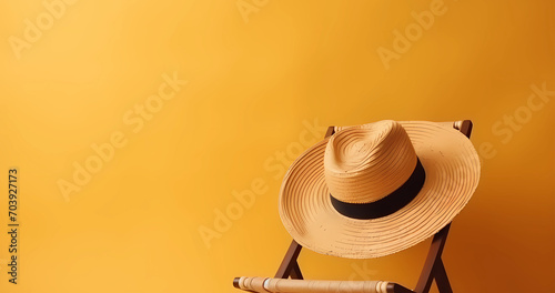 Empty deck cheir and straw hat on yellow background. Summer style design photo