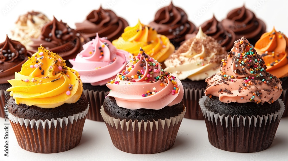 A row of cupcakes with vibrant frosting and sprinkles