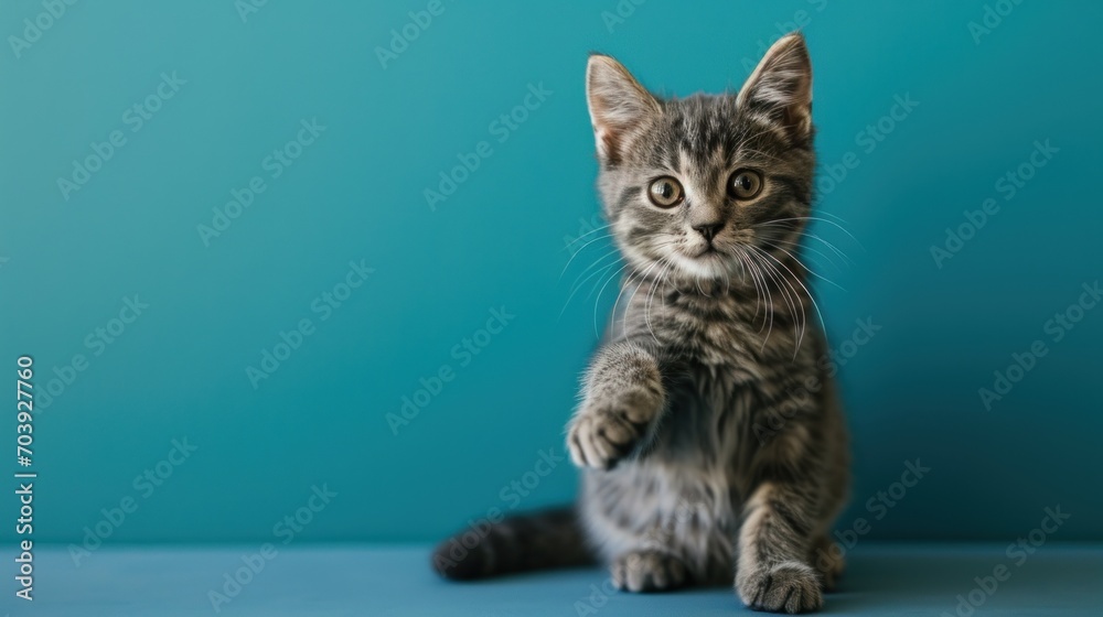 Whimsical Serenity, A Tiny Kitten Pondering Life From Its Perch on a Majestic Azure Floor