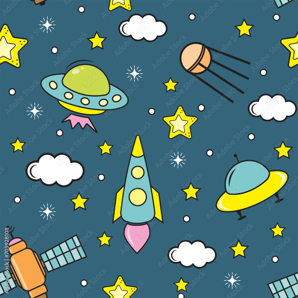 Fototapeta premium Space elements seamless pattern. Space background. Space doodle illustration. Vector illustration. Seamless pattern with cartoon space rockets, planets and stars.