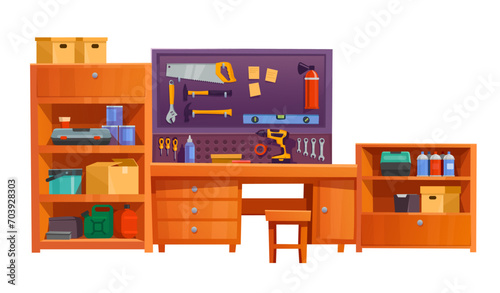 Garage workshop cartoon vector illustration. Flat style workshop with mechanic equipment isolated on white background.  Various tools for carpentry, car and repair, shelves, table, lamps, furniture.  