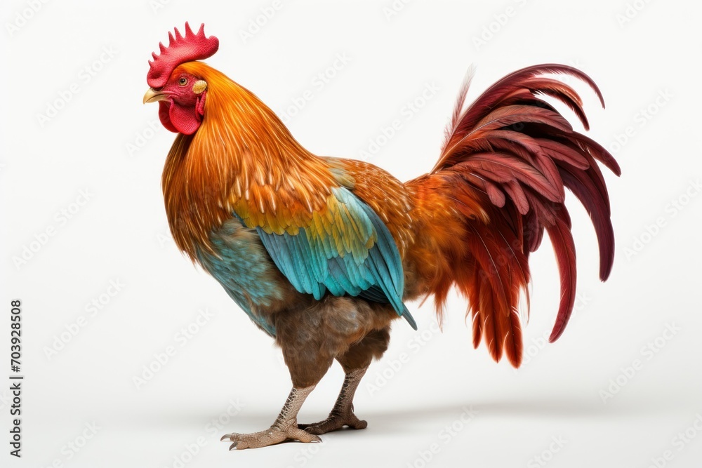 Majestic colorful rooster showcasing vibrant feathers, posed standing.