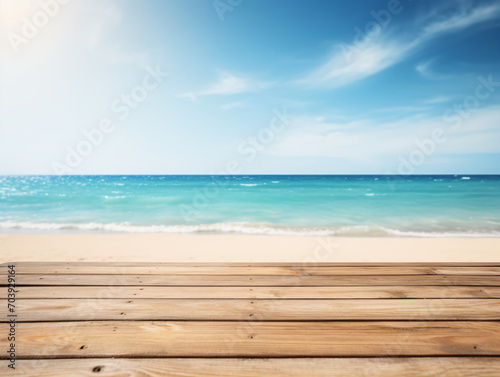 Blurred beach background with wooden table,