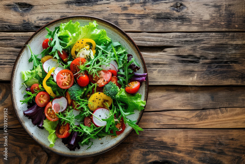 Top view of healthy delicious vegetable salad on a wooden table background, fresh natural green leaves mix salad, high fiber and vitamin, Healthy food concept,