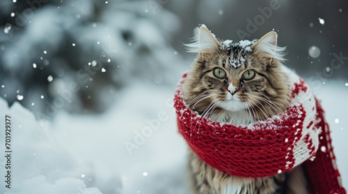 Feline Fashion, The Snowballs Secret - A Glamorous Cat Adorns a Colorful Scarf in a Winter Wonderland