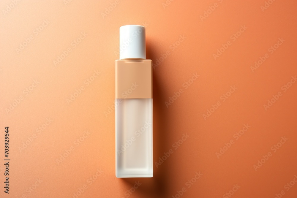Bottle mockup on a backdrop in trendy Peach Fuzz color. Background with selective focus and copy space Bottle mockup on a backdrop in trendy Peach Fuzz color. Background with selective focus and copy space